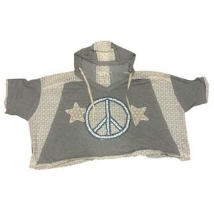 Anthropologie POL Women's Oversized Peace Patch Crochet Hoodie Top Grey Sz Large
